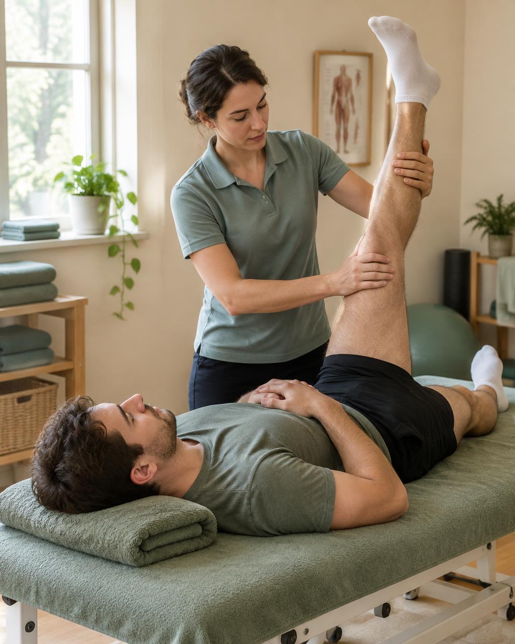 Therapist demonstrating safe stretching exercise for joint rehabilitation